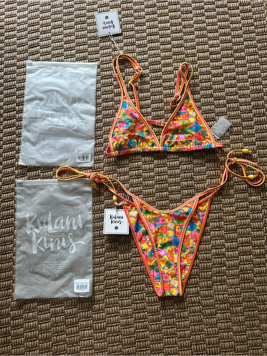 Kulani Kinis Neon Tropical Floral Orange Trim Triangle Bikini